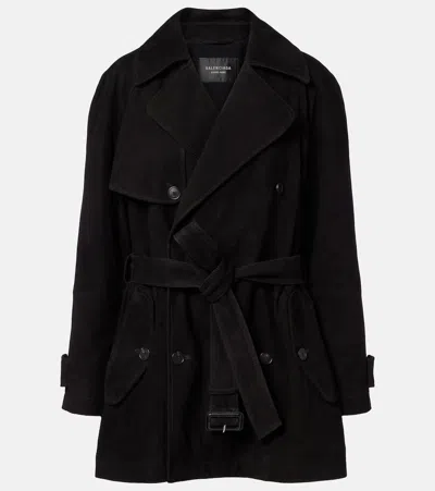 Balenciaga Suede Trench Coat In Black