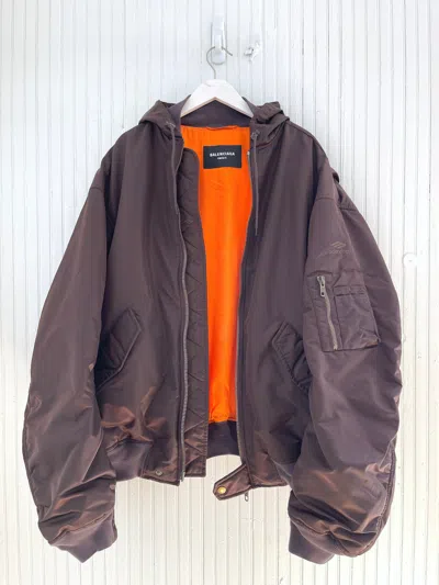 Pre-owned Balenciaga Summer 22 Oversize Hooded Nylon Bomber Jacket Nwt (2) In Brown