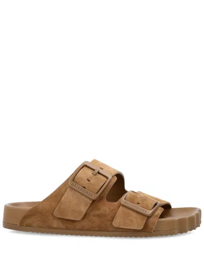 Balenciaga Camel Suede Sunday Slippers In Brown