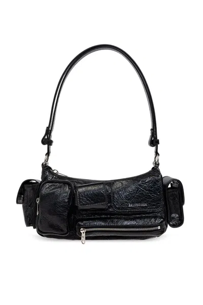 Balenciaga Superbusy Sling Washed Denim Shoulder Bag In Black