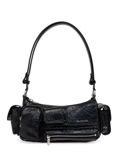 Balenciaga Superbusy Sling Washed Denim Shoulder Bag In Black