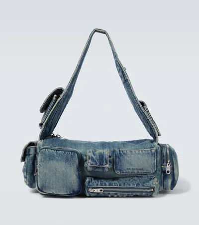 Balenciaga Superbusy Sling Small Denim Shoulder Bag In Burgundy