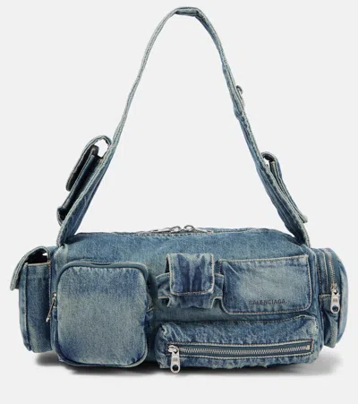 Balenciaga Superbusy Small Denim Crossbody Bag In Blue