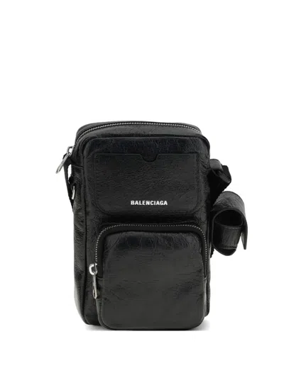 Balenciaga Crossbody Bag Nylon Silk Textured Strap Zip In Black