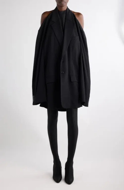 Balenciaga Suspended Cape Sleeve Wool Blend Blazer Dress In Black