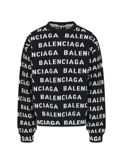 Balenciaga All-over Embroidered Logo Sweater In Black
