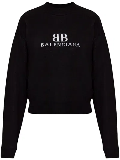 Balenciaga Logo Knitwear Sweater With Ribbed Accents In Black