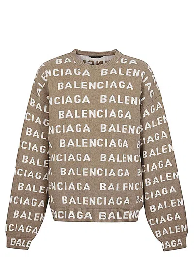 Balenciaga Beige Allover Logo Crewneck Sweater In Multi