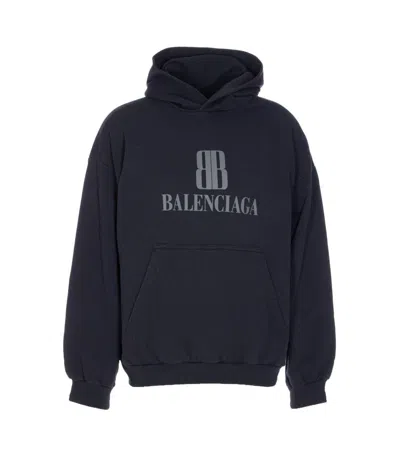 Balenciaga Black Hoodie With Fixed Hood And Logo Lettering On The Front In Cotton Man In Blue