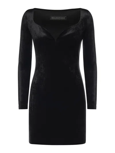 Balenciaga Sweetheart Neckline Dress In Velvet Jersey In Black