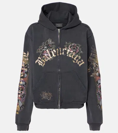 Balenciaga Tacky Tattoo Distressed Cotton Fleece Hoodie In Black