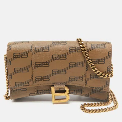 Pre-owned Balenciaga Tan Bb Monogram Coated Canvas Hourglass Wallet On Chain