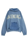 Balenciaga Tape Logo Distressed Cotton Hoodie In Faded Blue