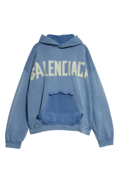 Balenciaga Tape Logo Distressed Cotton Hoodie In Faded Blue