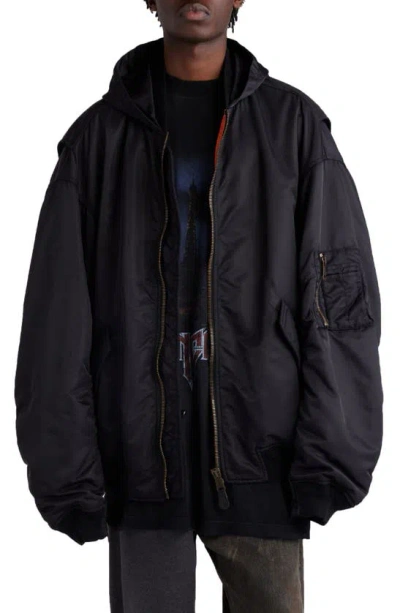 Balenciaga Tape Logo Oversize Hooded Bomber Jacket In Black
