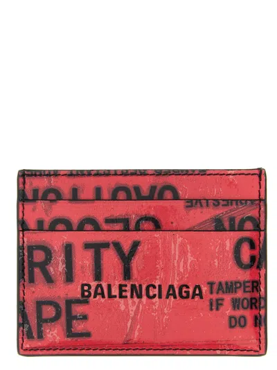 Balenciaga Tape-print Calf Leather Card Case In Red