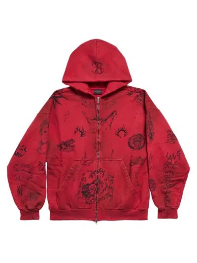 Balenciaga Tat Zip-up Cotton Hoodie In Red Black | ModeSens