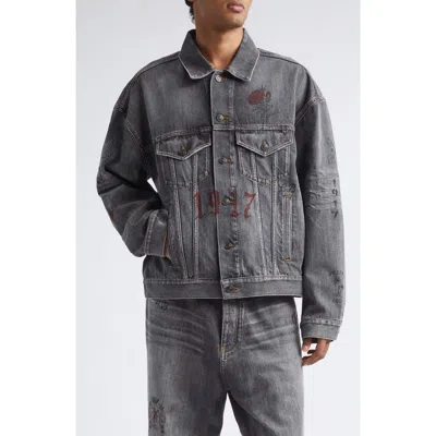 Balenciaga Tattoo Boxy Denim Jacket In Gray
