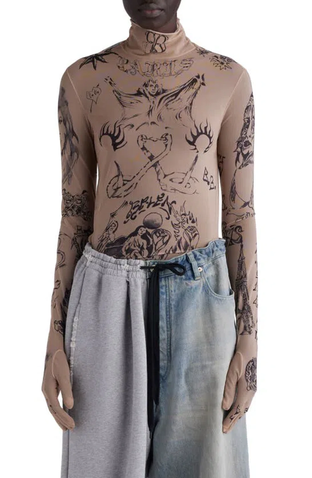 トップス BALENCIAGA tattoo Balenciaga Tattoo Mock Neck Glove Sleeve Top In Light Beige | ModeSens