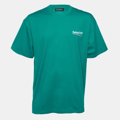Pre-owned Balenciaga Teal Blue Political Campaign Print Jersey T-shirt L