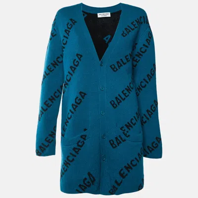 Pre-owned Balenciaga Teal Green All Over Logo Wool Knit Cardigan Xs
