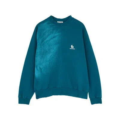 Balenciaga Teal Logo-embroidered Cotton Sweatshirt In Blue