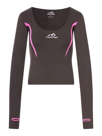 Balenciaga Techwear Long-sleeved Top In Technical Fabric In Khaki Brown And Fluorescent Pink