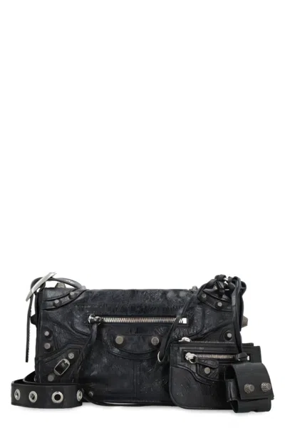 Balenciaga Textured Leather Shoulder Bag With Edgy Designpouch In Black