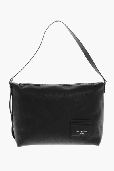 Balenciaga Textured Leather Shoulder Bag With Logoed Detail In Black