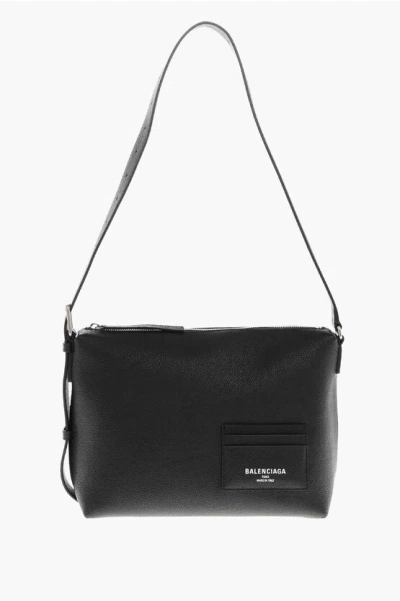 Balenciaga Textured Leather Shoulder Bag With Logoed Detail In Black
