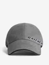 Balenciaga Tilted Typo Distressed Cotton Twill Baseball Cap In Gray