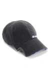 Balenciaga Tilted Typo Distressed Cotton Twill Baseball Cap In Blue