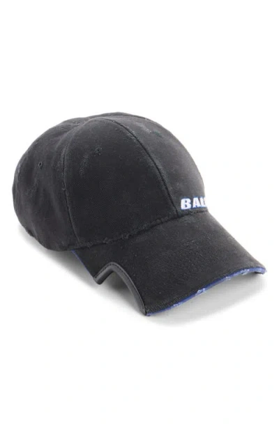 Balenciaga Tilted Typo Distressed Cotton Twill Baseball Cap In Black