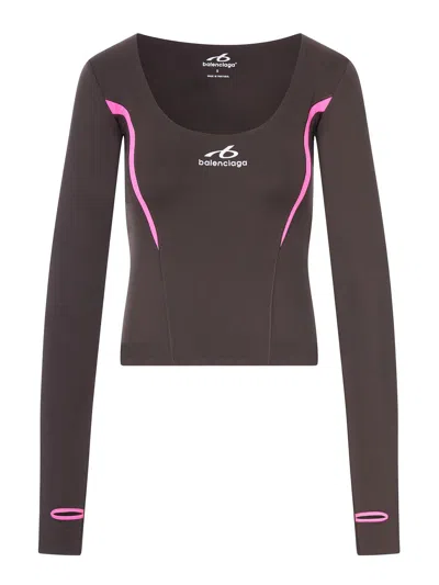 Balenciaga Womens Techwear Fitted Long-sleeve Top In Khaki Brown And Neon Pink With Thumb