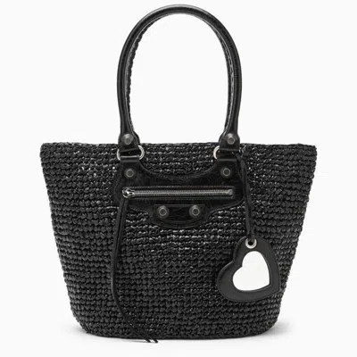 Balenciaga Le Cagole Medium Raffia Shoulder Bag In Black