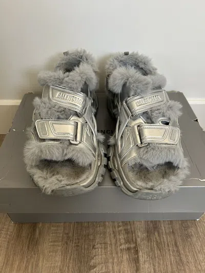 Pre-owned Balenciaga Track Fur Sandals In Silver