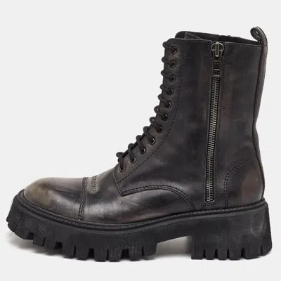 Pre-owned Balenciaga Tractor Size 44 Black Leather Distressed Combat Boots
