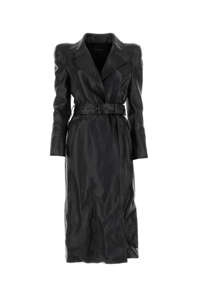 Balenciaga Leather Trench Coat In Black