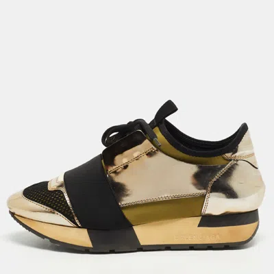 Pre-owned Balenciaga Tricolor Foil Leather And Mesh Race Runner Low Top Sneakers Size 35 In Gold