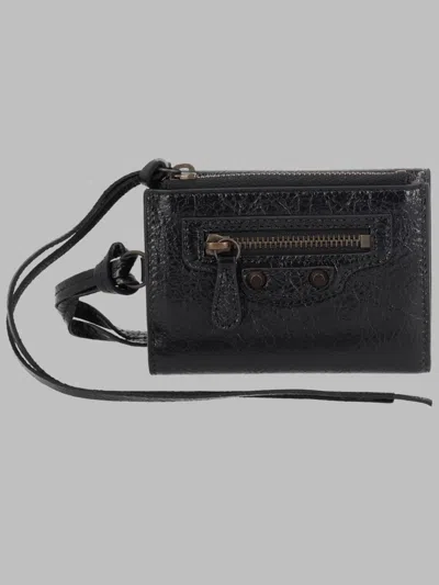 Balenciaga Trifold Mini Wallet With Shoulder Strap, 8 Cm X 11 Cm X 1.5 Cm In Black