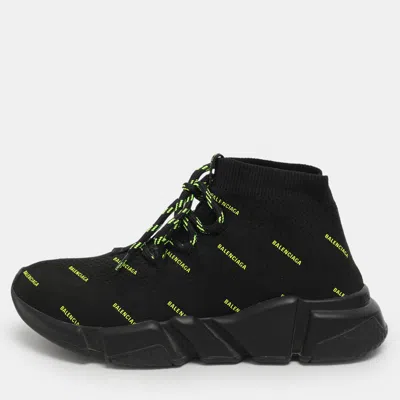 Pre-owned Balenciaga Triple S All Over Logo Size 37 Black Knit Fabric High Top Sneakers