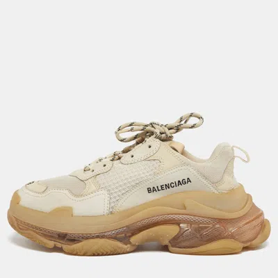 Pre-owned Balenciaga Triple S Clear Size 39 Beige Mesh And Nubuck Leather Low Top Sneakers In Sand