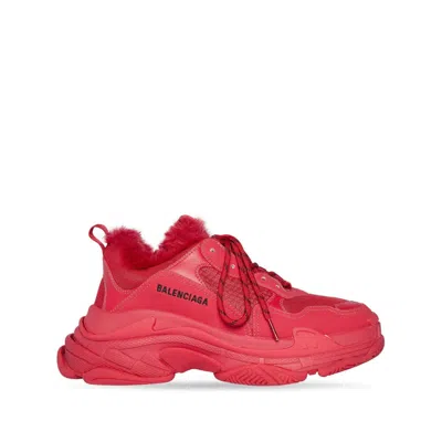Balenciaga Triple S Fur Sneakers In Red