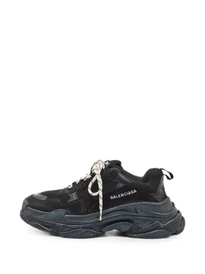 Pre-owned Balenciaga Triple S Mesh Nubuck Leather Sneakers In Black