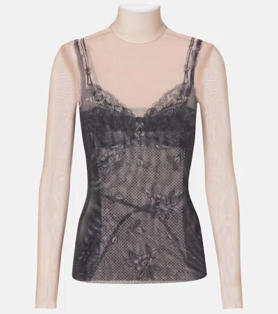 Balenciaga Lingerie Trompe L'oeil Mesh Turtleneck Top In Black/light Beige