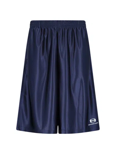 Balenciaga Wide-leg Logo-embroidered Satin-twill Shorts In Blue