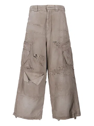 Balenciaga Wide Leg Cargo Trousers With Distressed Hem In Brown