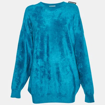 Pre-owned Balenciaga Turquoise Velvet Jersey Knit Pullover Sweater S In Green
