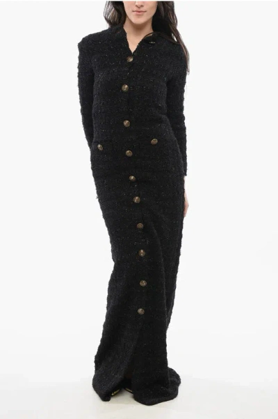 Balenciaga Tweed Maxi Dress With Logoed Buttons In Black