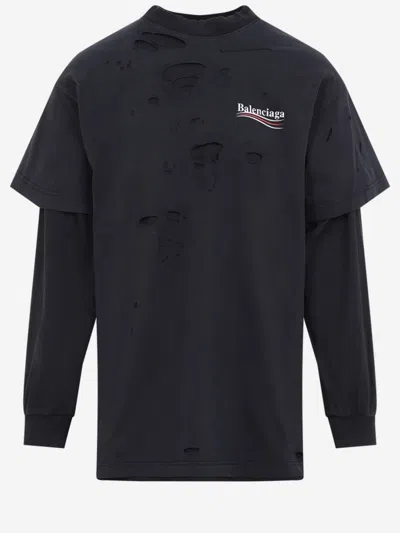 Balenciaga Two-tone Cotton Layered T-shirt In Black
